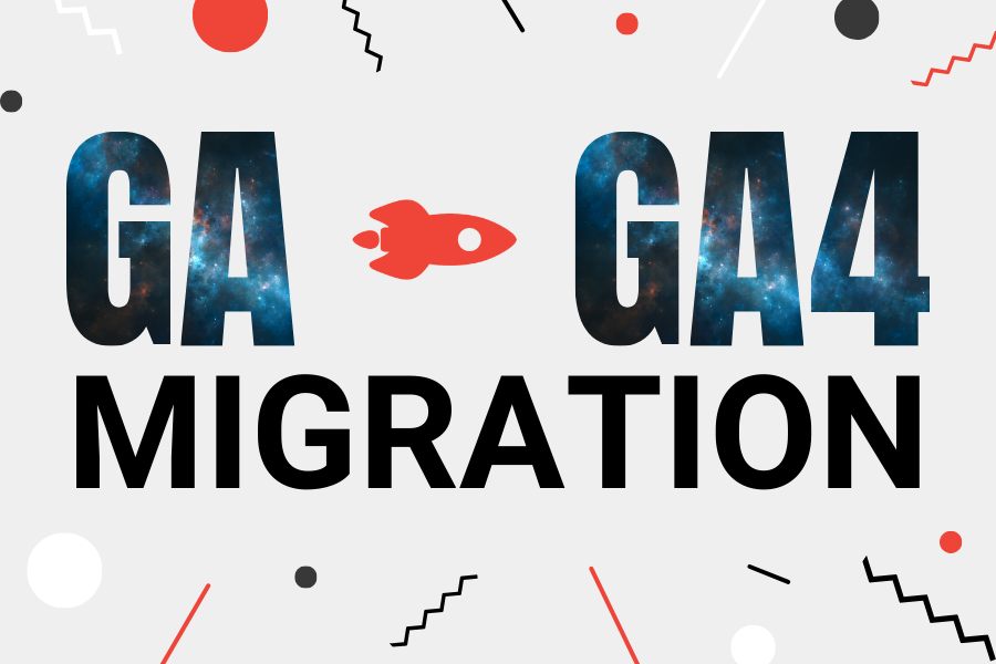 GA to GA4 migration with rocket graphic and abstract design elements